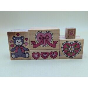 Wood Mounted Rubber Stamp Lot 5pc Hearts Teddy Bear Valentine Crafting
